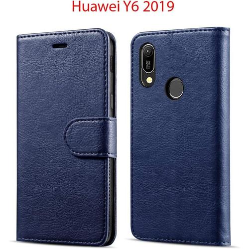 Coque Huawei Y6 2019 Housse Etui Portefeuille Cuir Multifonction, Fermeture Magnétique À Clapet Anti-Choc Bleu