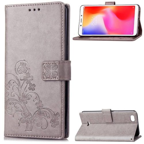 Xiaomi Redmi 6a Coque, Saturcase Lucky Clover Pu Cuir Magnétique Flip Portefeuille Support Porte-Carte Protecteur Cover Case Avec Dragonne Coque Housse Étui Pour Xiaomi Redmi 6a (Gris)