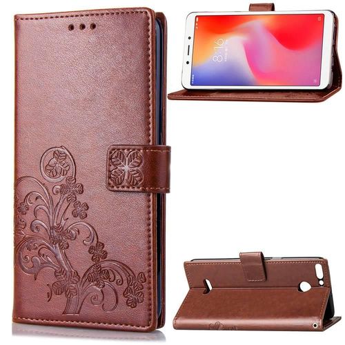 Xiaomi Redmi 6 Coque, Saturcase Lucky Clover Pu Cuir Magnétique Flip Portefeuille Support Porte-Carte Protecteur Cover Case Avec Dragonne Coque Housse Étui Pour Xiaomi Redmi 6 (Marron)