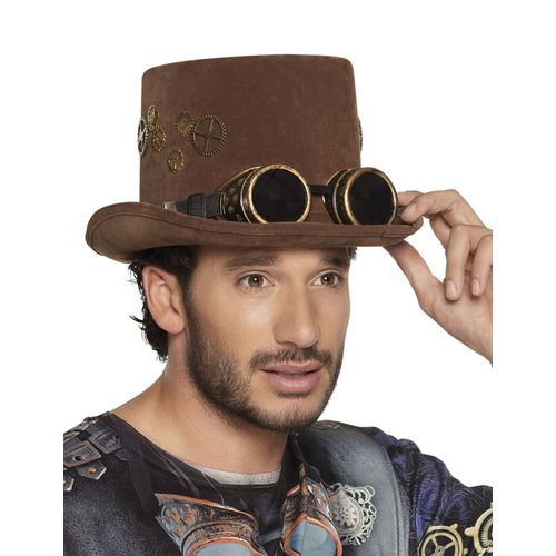 Chapeau Haut De Forme Marron Rouages Lunettes Steampunk Adulte Taille Unique