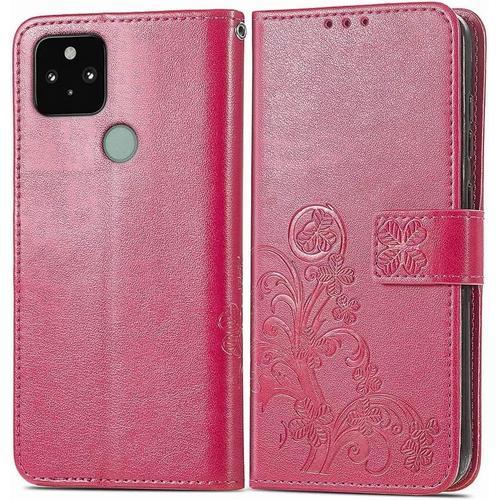 Coque En Cuir Pour Google Pixel 5 6"" Inches , Étui Portefeuille Avec 3 Emplacements Pour Cartes 1 Poche À Monnaie - Rouge