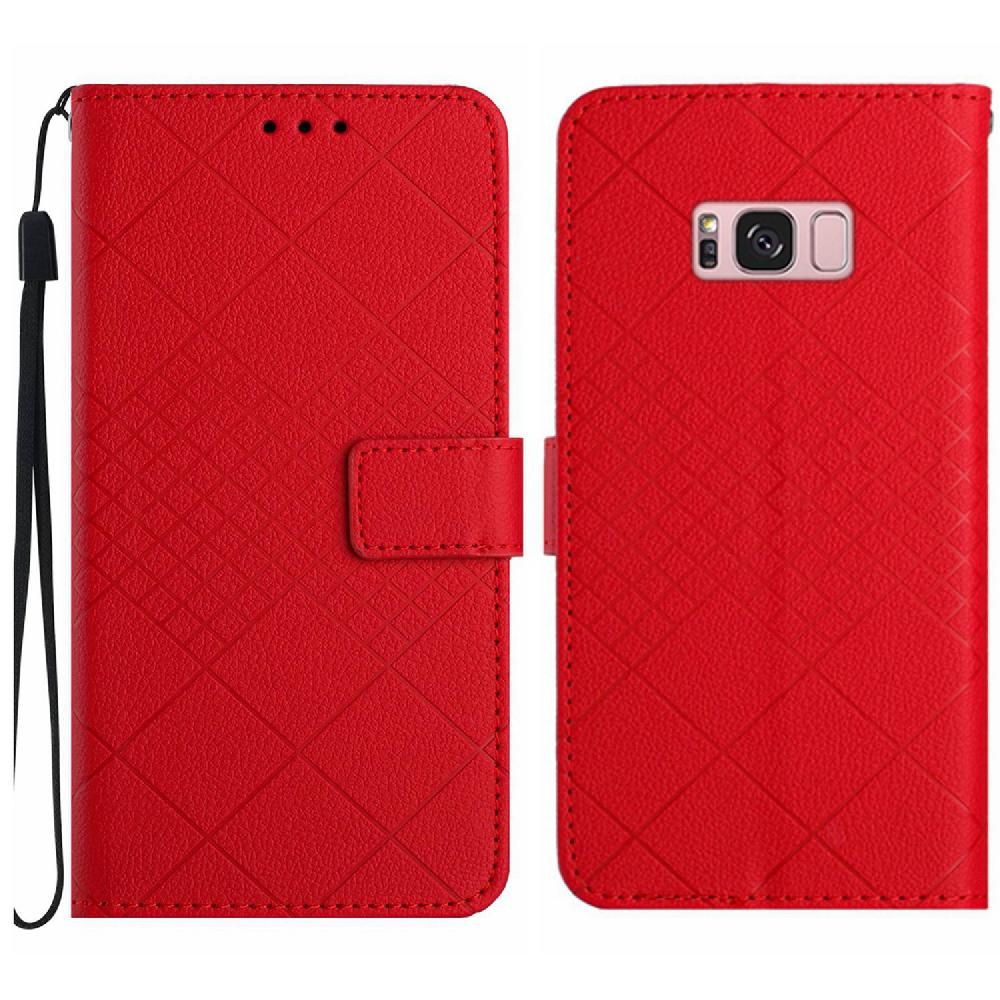 Flip Étui Pour Samsung Galaxy S8 Portefeuille En Cuir Pu Diamant En Relief Couverture Magnétique Support De Fente Pour Carte Avec Sangle De Main - Rouge