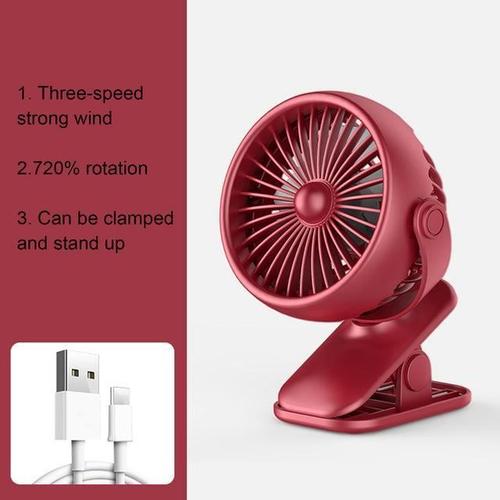 Ventilateur de bureau USB Portable avec Clip - yinkuu - Rouge - Rotation 360° - 3 vitesses - Faible bruit