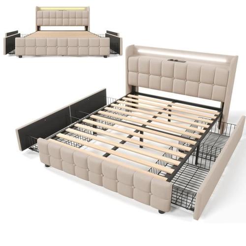 Lit Rembourré 160x200cm Lit Double Coffre De Rangement Cadre De Lit Avec Prise De Courant Et Chargement Usb - Beige - Sans Matelas