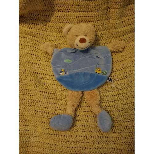 Doudou Ours Plat Bleu Beige Tracteur Tex Baby