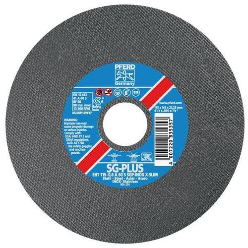 Disque à tronçonner SG-PLUS-INOX X-SLIM pour l'usinage de l'acier inoxydable, Ø x Épais. : 115 x 0,8 mm, Modèle Droit, Vitesse maxi. 13300 tr/mn