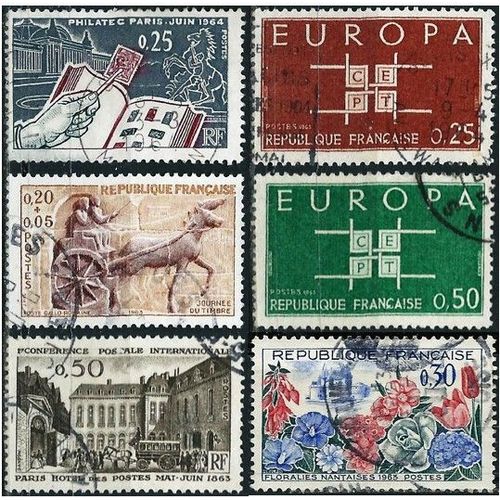 France 1963, Beaux Timbres Yvert 1369 Floralies Nantaises, 1378 Journée Du Timbre, 1387 Conférence Postale, 1396 & 1397 Paire Europa Et 1403 Exposition Philatec 64, Oblitérés, Tbe.