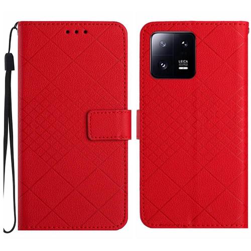 Flip Étui Pour Xiaomi 13 Pro Avec Sangle De Main Diamant En Relief Portefeuille En Cuir Pu Support De Fente Pour Carte Couverture Magnétique - Rouge