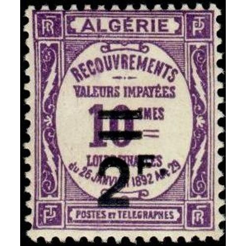 Algérie, Colonie Française 1926 / 1932, Très Beau Timbre Neuf** Luxe Taxes - Recouvrement Valeurs Impayées, 10c. Violet Surchargé "2f".