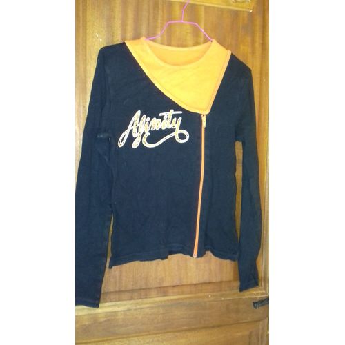 T Shirt Manches Longues Fille Noir Et Orange Afinity 12 Ans