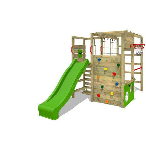 Fatmoose Aire De Jeux Portique Bois Actionarena Avec Toboggan Vert Pomme, Échafaudage Grimpant Avec Mur D'escalade & Accessoires De Jeux