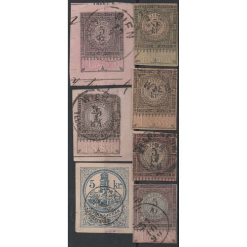 Autriche: Lot De 7 Timbres Taxes Ou Fiscaux Découpés Sur Des Entiers Postaux.