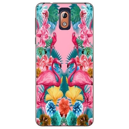 Coque Nokia 3.1 2018 Flamant Perroquet Tropical Exotique Fleur Geometrique Rose