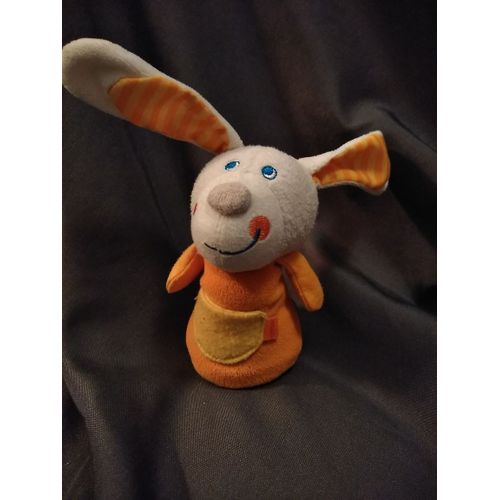 Doudou Jouet D Eveil Lapin Jaune Orange Raye Sonore Billes Haba