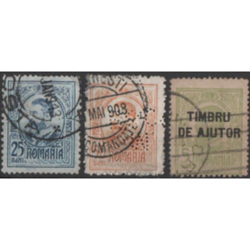Roumanie: Lot De 3 Timbres Émis En 1908 Et Représentant Le Roi Carol 1er .