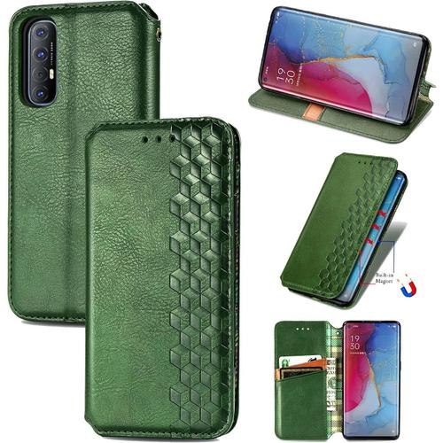 Oppo Reno 3 Pro Étui Portefeuille En Cuir Pu Pour Oppo Reno 3 Pro Vert