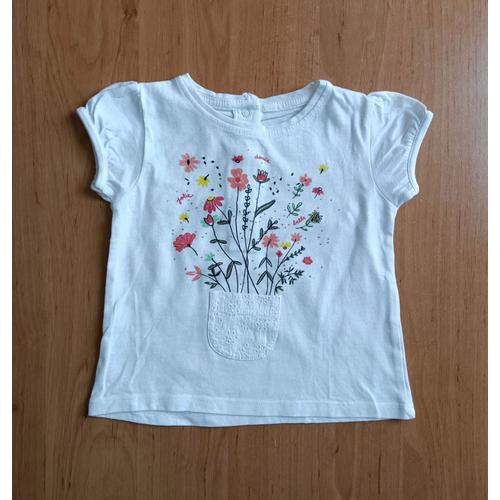 T Shirt Blanc A Fleurs Multicolore. Poche. Gemo. Coton. Taille 12 Mois