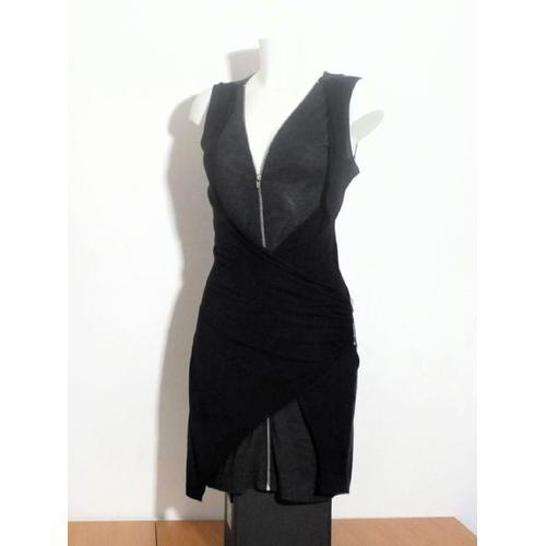 Robe Cintrée En Viscose Et Laine Noir Et Gris Avec Grand Zip- Taille 1- Maje