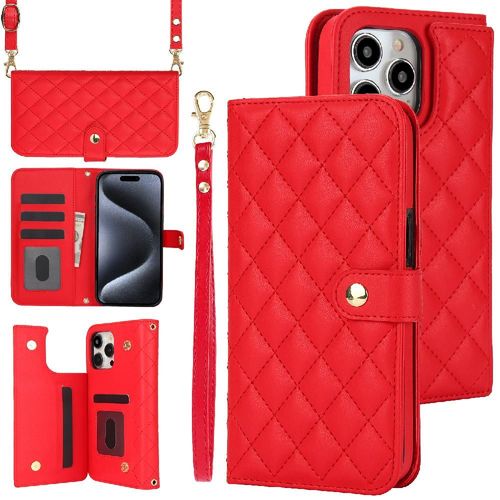 Étui Pour Iphone 15 Pro Max Protection Premium Brosse Antivol Fonction De Support Étui Portefeuille En Cuir Style Crossbody Avec 5 Fentes Pour Cartes - Rouge