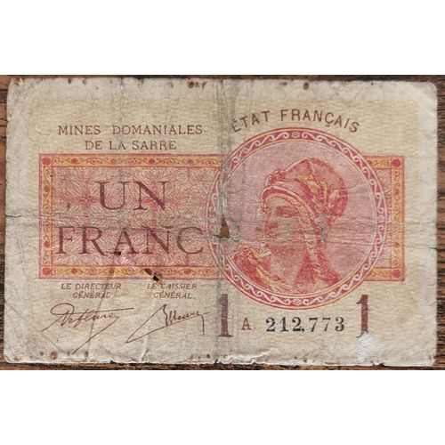 Billet De 1 Franc Mines Domaniales De La Sarre État Français A 212773 Cf Photos
