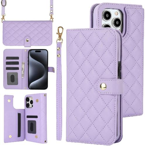 Étui Pour Iphone 15 Pro Max Style Crossbody Avec 5 Fentes Pour Cartes Fonction De Support Étui Portefeuille En Cuir Brosse Antivol Protection Premium - Violet Clair