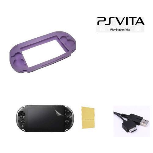 Pack 3 En 1 Sony Ps Vita 1000 : Housse Silicone Violet - Câble Chargeur Synchronisation Usb - Film Protection Écran