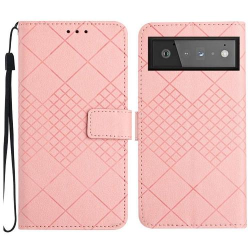 Flip Étui Pour Google Pixel 6 Pro Diamant En Relief Portefeuille En Cuir Pu Couverture Magnétique Avec Sangle De Main Support De Fente Pour Carte - Couleur Rose