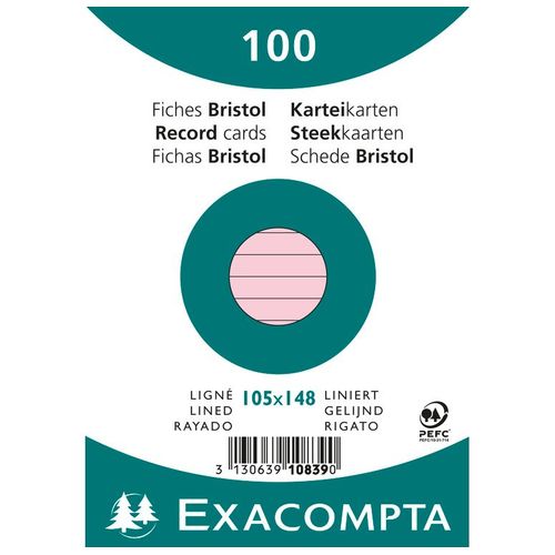 Exacompta Paquet De 100 Fiches Bristol A6 Rose Ligné. S/S Film