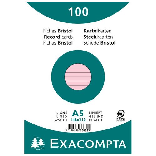 Exacompta Paquet De 100 Fiches Bristol A5 Rose Ligné. S/S Film