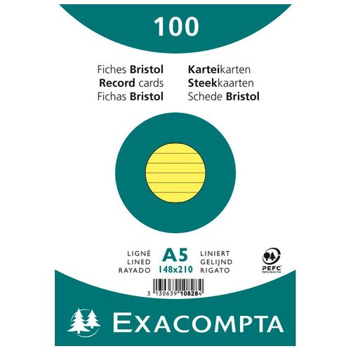 Exacompta Paquet De 100 Fiches Bristol A5 Jaune Ligné. S/S Film