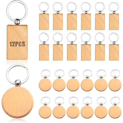 24 Pièces Porte-Clés En Bois, Bricolage Vierge Porte Clés Bois Brut, Porte Clef Personnalisable Porte Clef Personnalisé Pour La Peinture, La Décoration, Les Cadeaux (Rond Et Rectangulaire)