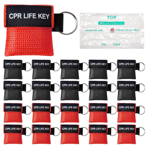 20pcs Cpr Masque Porte-Clés Kit D'urgence Barrière Respiratoire Porter Secours Boucliers De Visage Avec Barrière De Respiration À Sens Unique Pour Les Premiers Secours Ou La Formation Aed(Rouge, Noir)