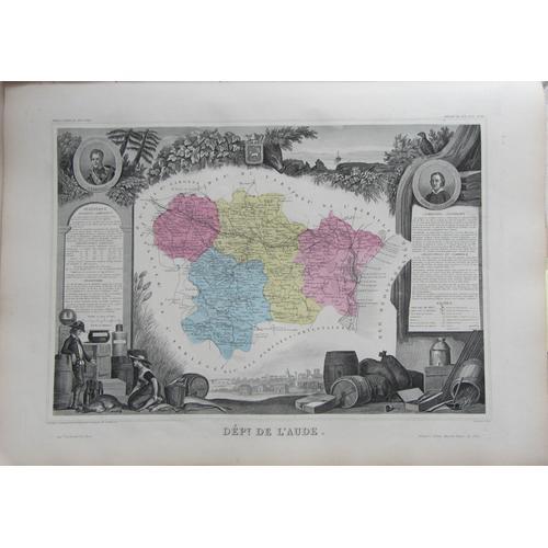 Gravure Carte Atlas Levasseur 1861 Département De L'aude