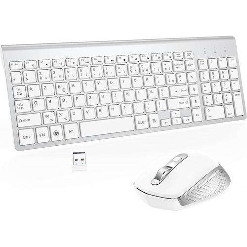 Clavier Souris sans Fil - AZERTY Silent USB Compact Clavier de Souris Pleine Taille Ergonomique pour PC/Ordinateur/Laptop/TV/Windows - Blanc argenté (blanc argent)