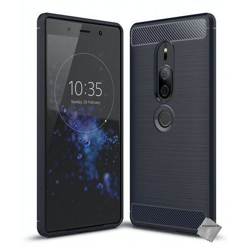 Housse Etui Coque Silicone Gel Carbone Pour Sony Xperia Xz2 Premium + Film Ecran - Bleu Fonce