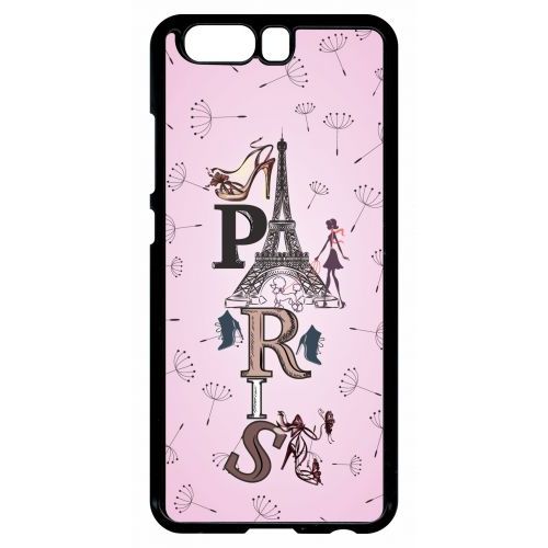 Coque Pour Smartphone - Paris Fond Rose Pale - Compatible Avec Huawei P10 - Plastique - Bord Noir