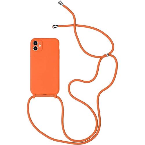 Coque Pour Iphone 14 Avec Cordon De Collier, Souple Silicone Tpu Bumper Etui Housse Avec Cordon Réglable Lanyard Case Pour Iphone 14 Mince Collier Cover-Orange