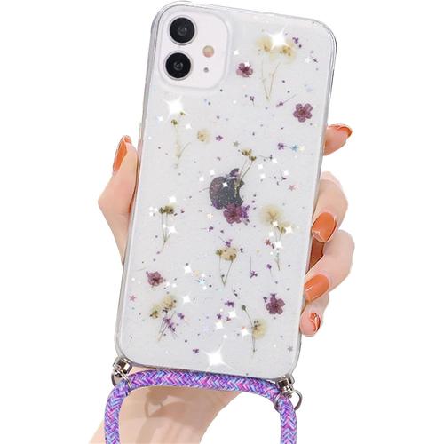 Coque Pour Iphone Xr Avec Cordon,Coque Pour Iphone Xr Silicone Tpu Bumper Etui Housse Avec Stylée Cordon Réglable Téléphone Lanyard Case Pour Iphone Xr Fine Anti-Choc Collier Cover Fleur Mauve