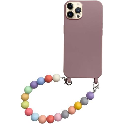 Coque De Protection Pour Iphone 13 Mini À Paillettes Arc-En-Ciel Avec Ruban De Perles - Transparent - Pour Femmes Et Filles - Avec Jolie Chaîne - Pour Iphone 13 Mini - Vieux Rose