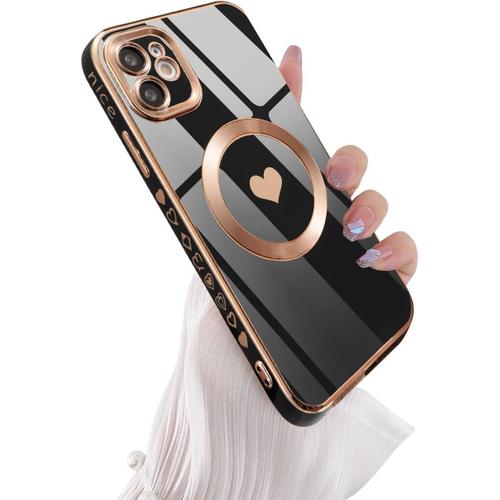 Silicone Liquide Coque Magnétique Pour Iphone 11 6.1 Inch, Housse De Protection Antichoc Etui Compatible Avec Magsafing Faster Charging Avec Forme De Coeur Un Motif Soft Tpu Case - Noir