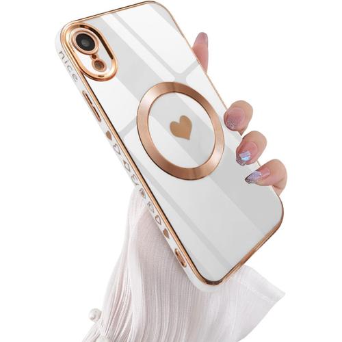 Silicone Liquide Coque Magnétique Pour Iphone Xr, Housse De Protection Antichoc Etui Compatible Avec Magsafing Faster Charging Avec Forme De Coeur Un Motif Soft Tpu Case - Blanc