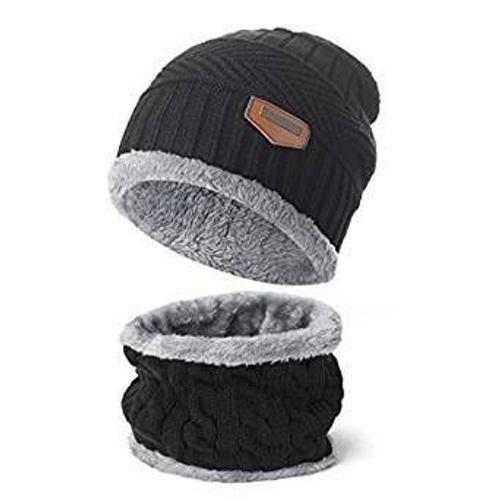 2 Pcs : 1 Bonnet + 1 Tour De Cou Écharpe Tricot Chaud Avec Doublure Polaire Pour Homme Garçon Acrylique - Noir Ou Gris