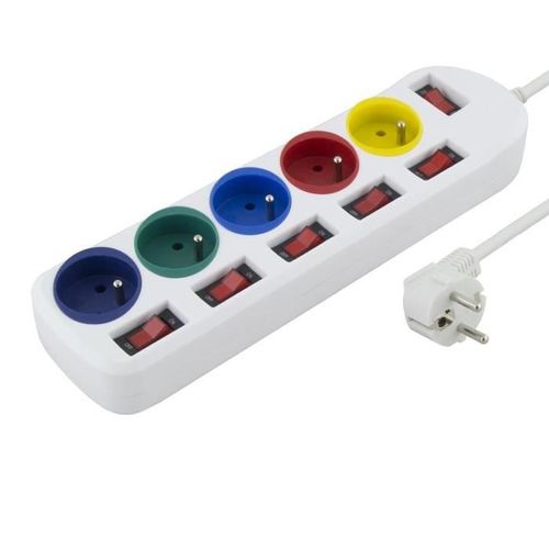 Multiprise - rallonge prise Electrique - Bloc prises couleur - 5 prises - interrupteur individuellement 10A-250V