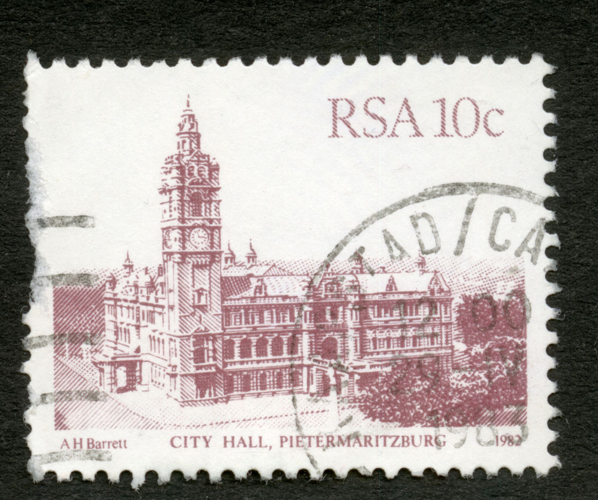 Timbre Oblitéré Rsa, 10c, City Hall, Pietermaritzburg , 1982