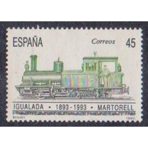 Timbre DEspagne N°2857 Y & T 45 P. Noir Et Vert Centenaire De La Ligne De Chemin De Fer Igualada-Martorell 1ère Locomotive À Vapeur