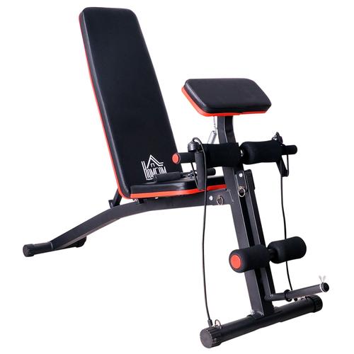 Banc De Musculation Pliable Inclinable Réglable 153l X 53l X 102h Cm Sangles Élastiques + Support Haltères Inclus Acier Noir Rouge