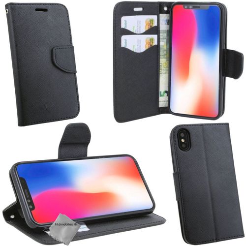 Housse Etui Coque Pochette Portefeuille Pour Apple Iphone Xs Max + Verre Trempe - Noir / Noir