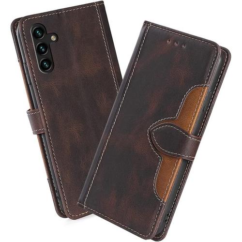 Housse Pour Telephone Samsung Galaxy A04s Etui, Pu/Tpu Retourner Cuir Coque Magnétique Portefeuille, Marron