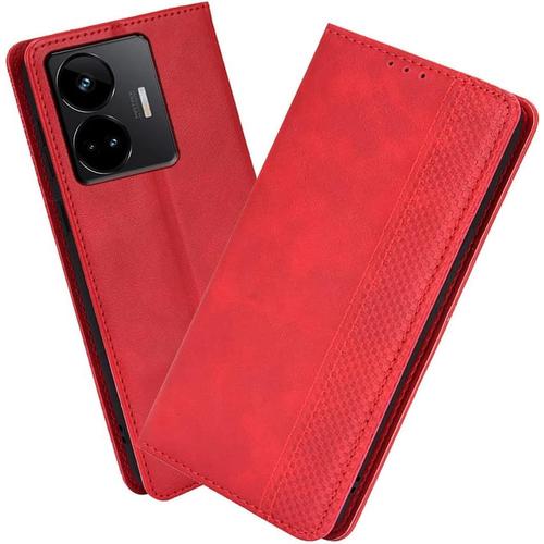 Housse Pour Telephone Realme Gt3 5g/Realme Gt Neo 5 5g Etui, Pu/Tpu Retourner Cuir Coque Magnétique Portefeuille, Rouge