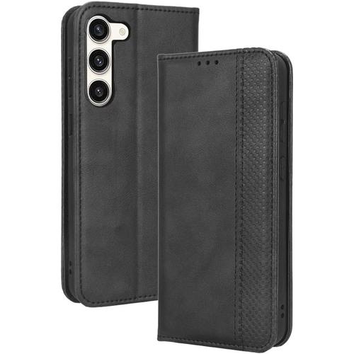 Housse Pour Telephone Samsung Galaxy S23 5g Etui, Pu/Tpu Retourner Cuir Coque Magnétique Portefeuille, Noir